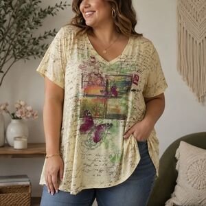 Style & Co Buttercream Floral Butterfly Graphic V-Neck Top Size 2X